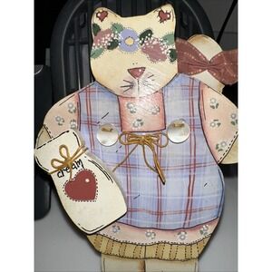Wooden cat holding cream signed great colors and hand painted 7 x 5